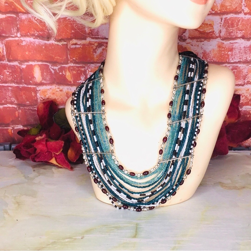 Vintage 90s Blue Multicolor Beaded Tribal Necklace